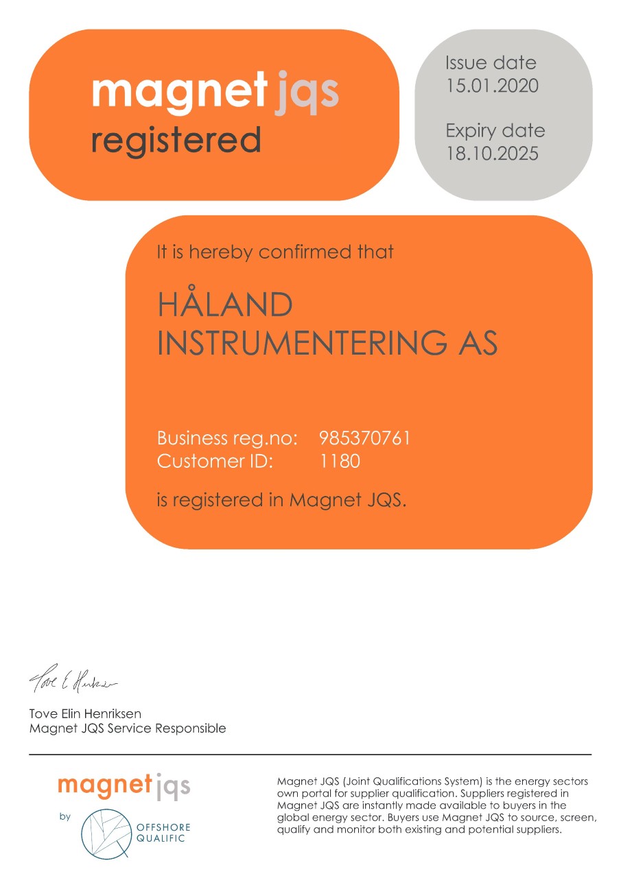 Magnet JQS Certificate Håland Instrumentering AS